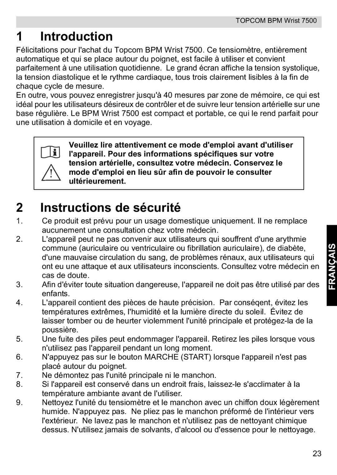 Topcom 7500 manual Instructions de sécurité, Français 