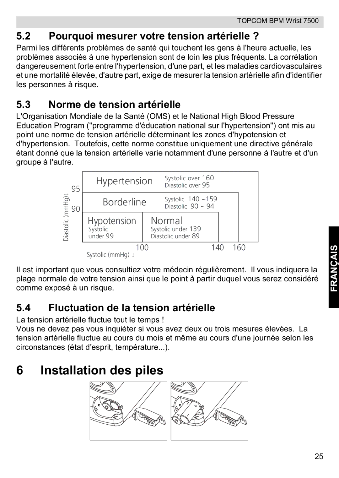 Topcom 7500 manual Installation des piles, Pourquoi mesurer votre tension artérielle ?, Norme de tension artérielle 