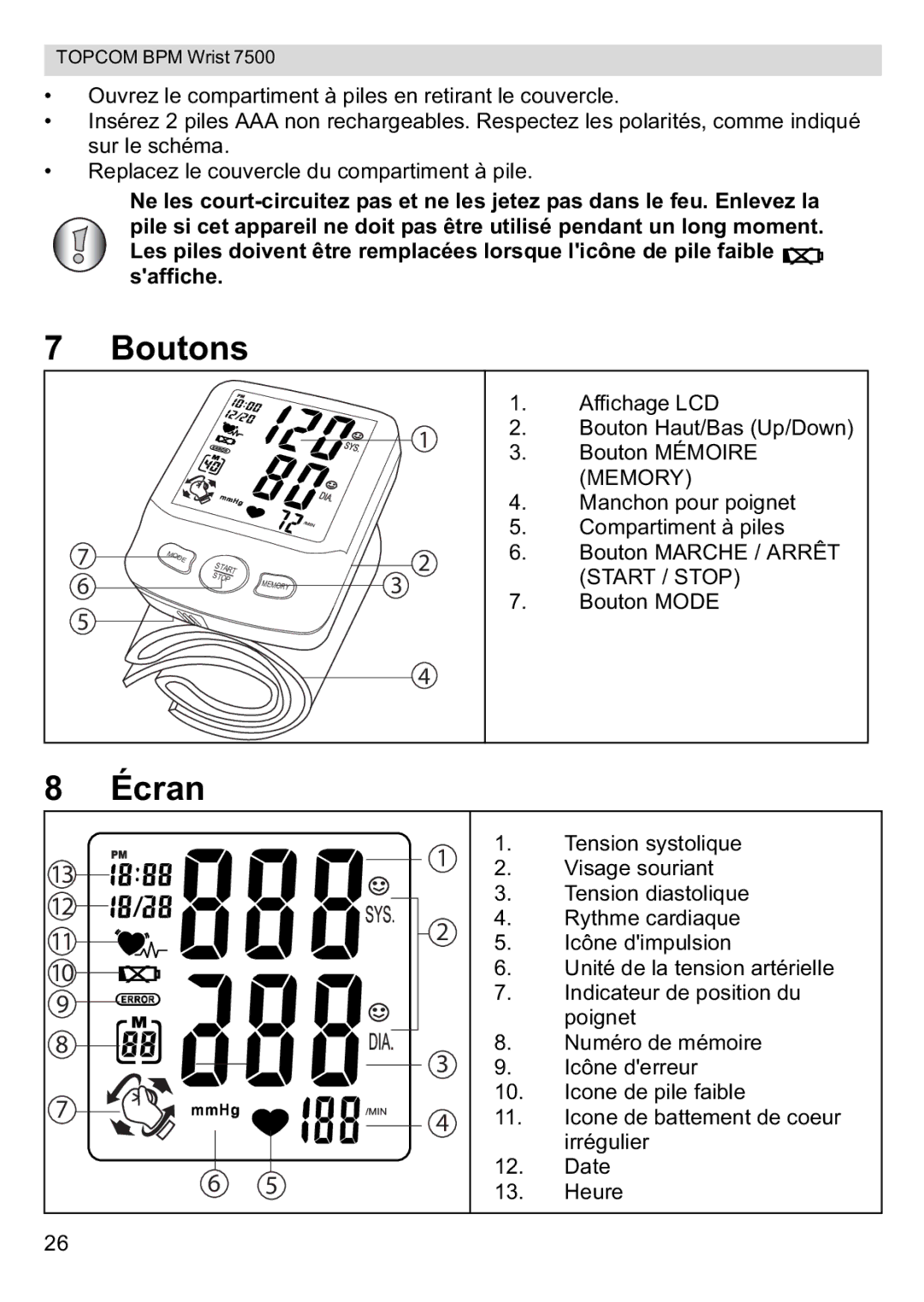 Topcom 7500 manual Boutons, Écran 