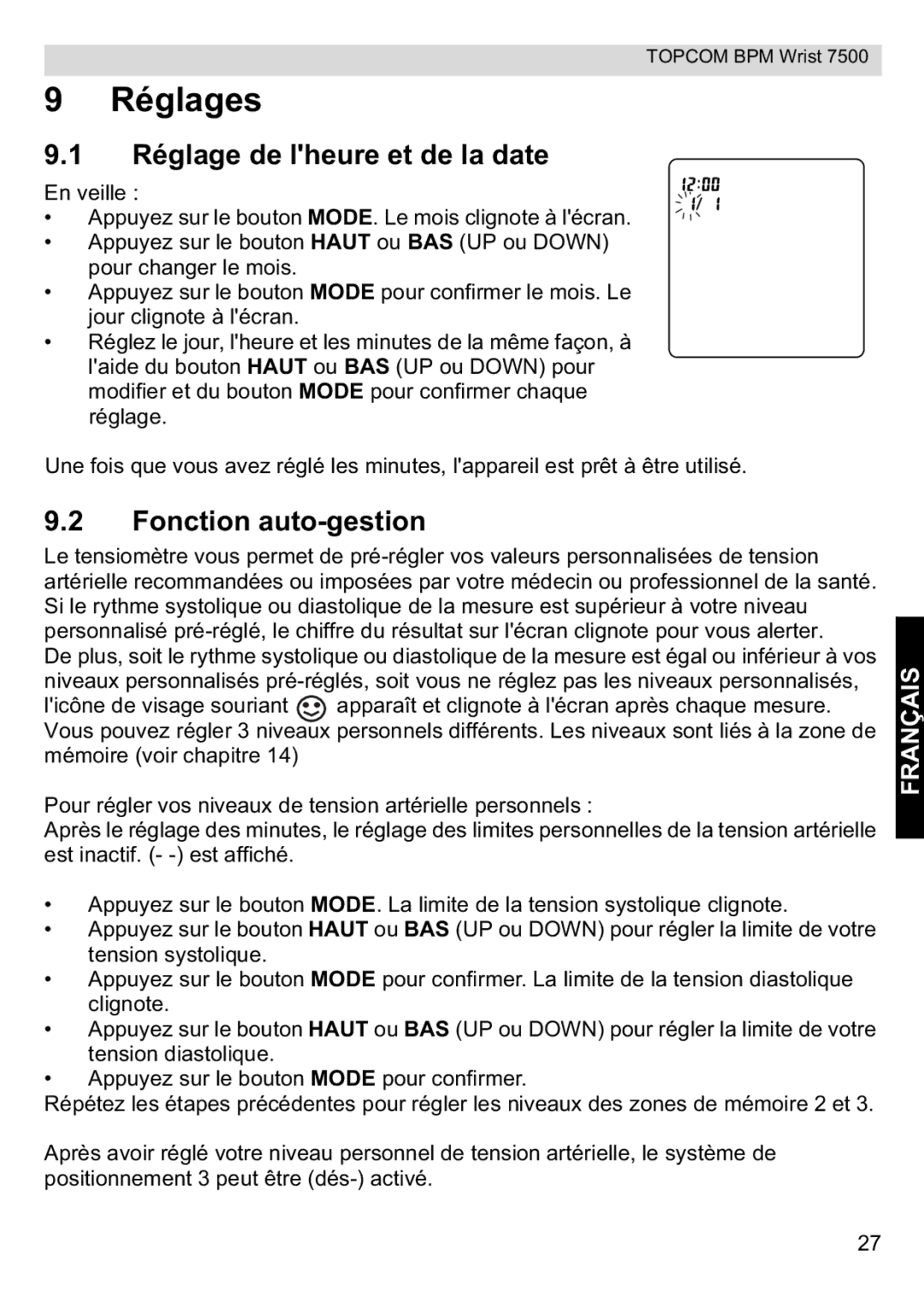 Topcom 7500 manual Réglages, Réglage de lheure et de la date, Fonction auto-gestion 