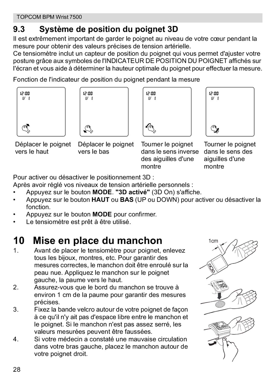 Topcom 7500 manual Mise en place du manchon, Système de position du poignet 3D 