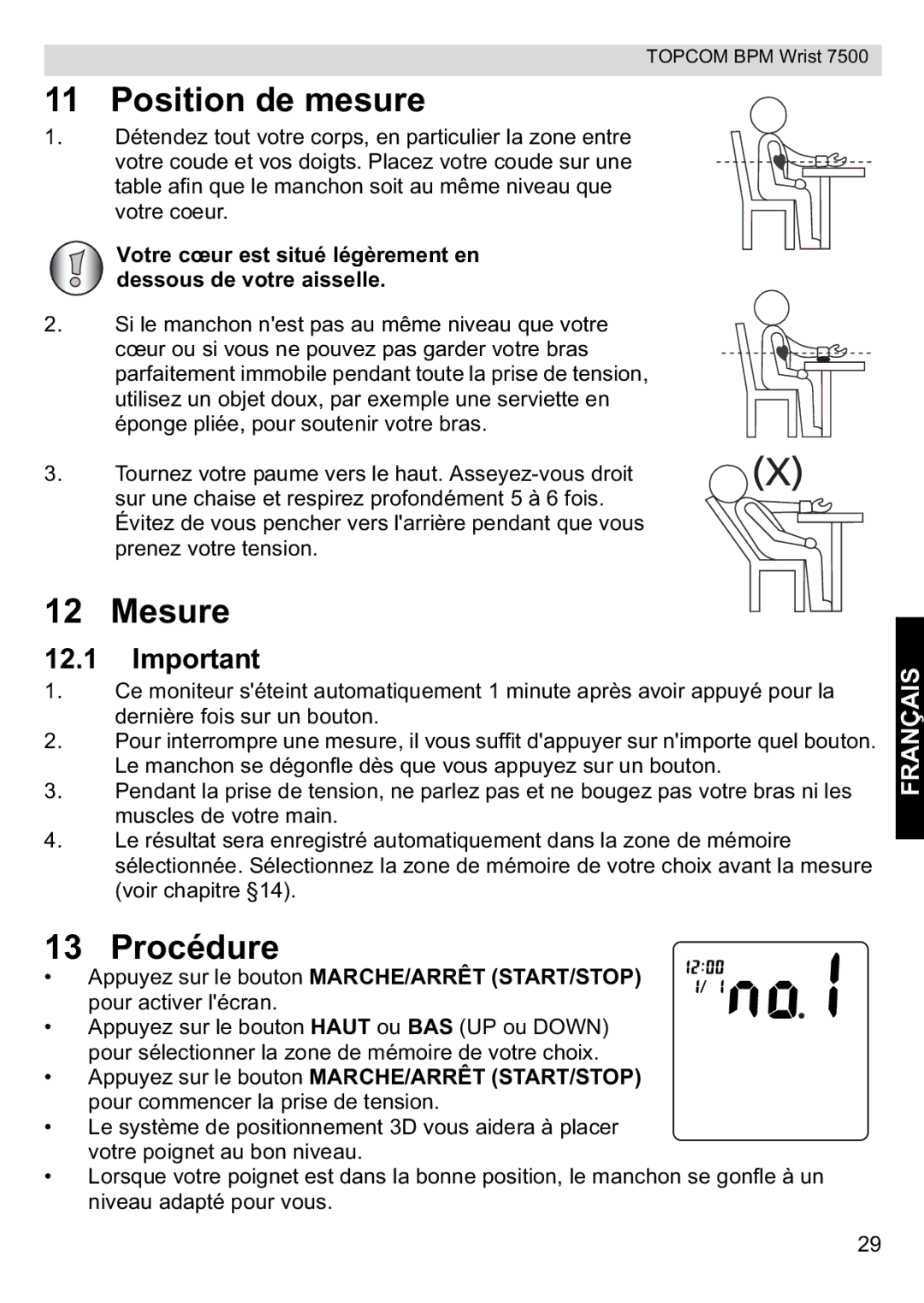 Topcom 7500 manual Position de mesure, Mesure, Procédure 