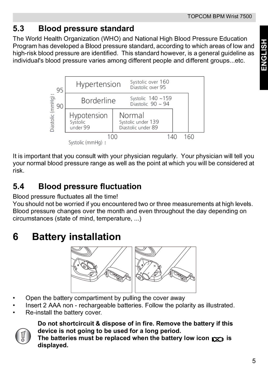 Topcom 7500 manual Battery installation, Blood pressure standard, Blood pressure fluctuation 