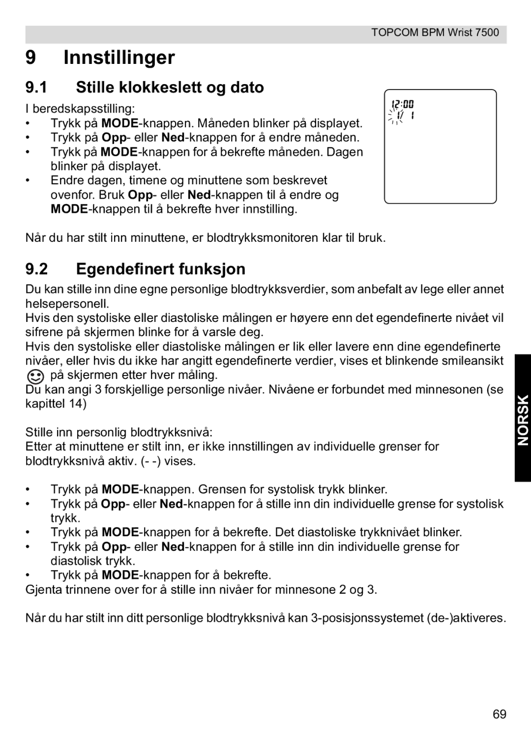 Topcom 7500 manual Innstillinger, Stille klokkeslett og dato, Egendefinert funksjon 