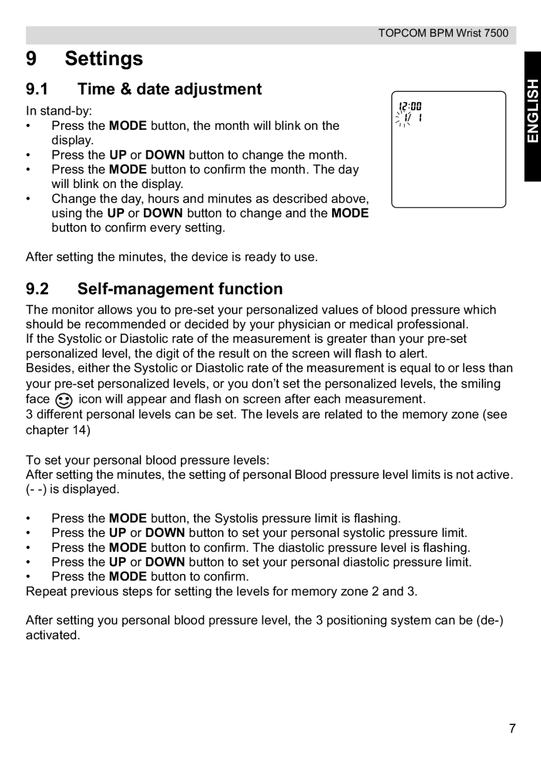 Topcom 7500 manual Settings, Time & date adjustment, Self-management function 