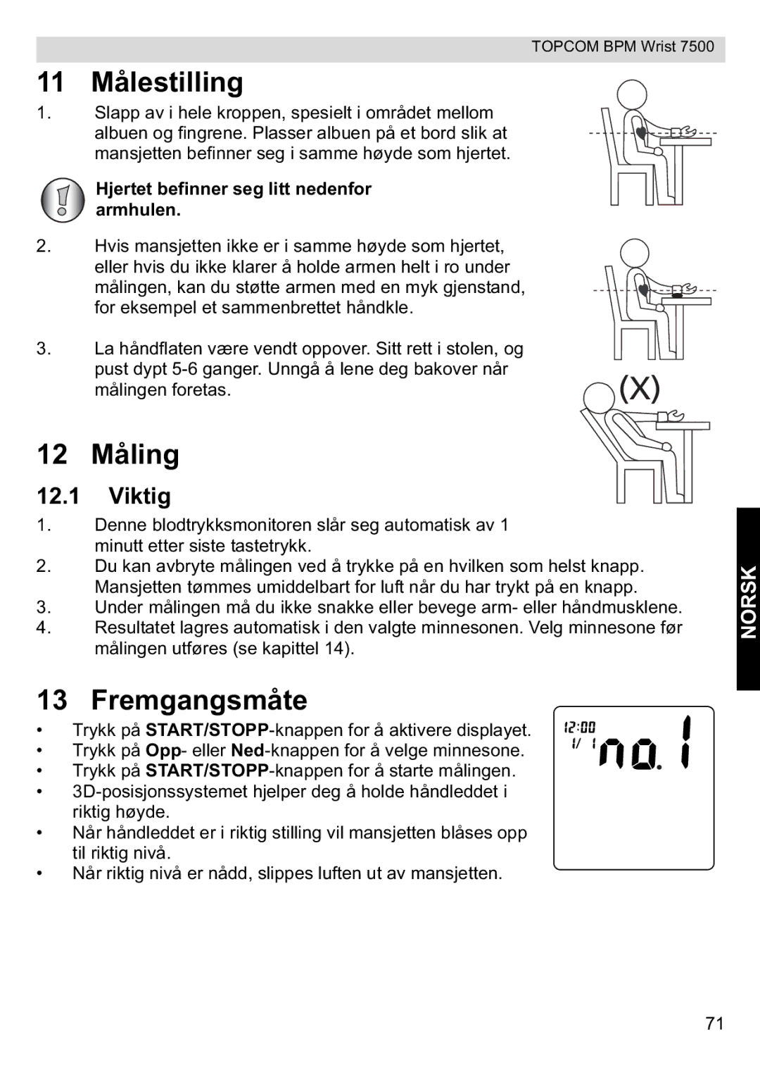 Topcom 7500 manual 11 Målestilling, Fremgangsmåte, Viktig 