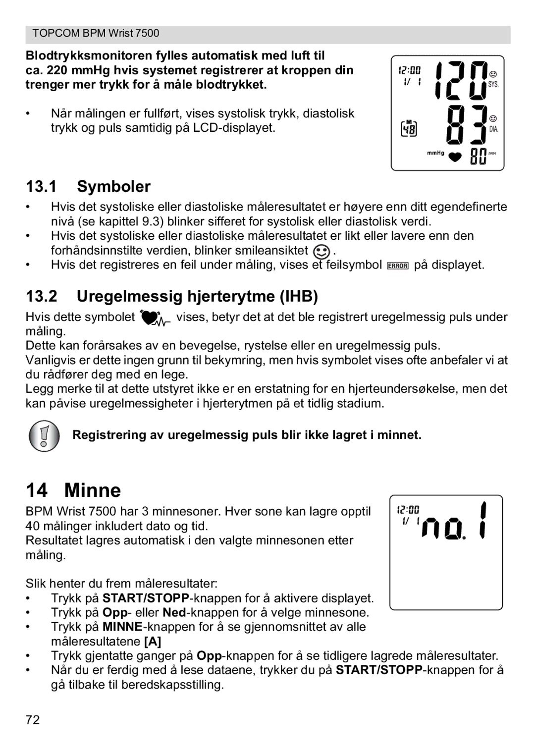 Topcom 7500 manual Symboler, Uregelmessig hjerterytme IHB 