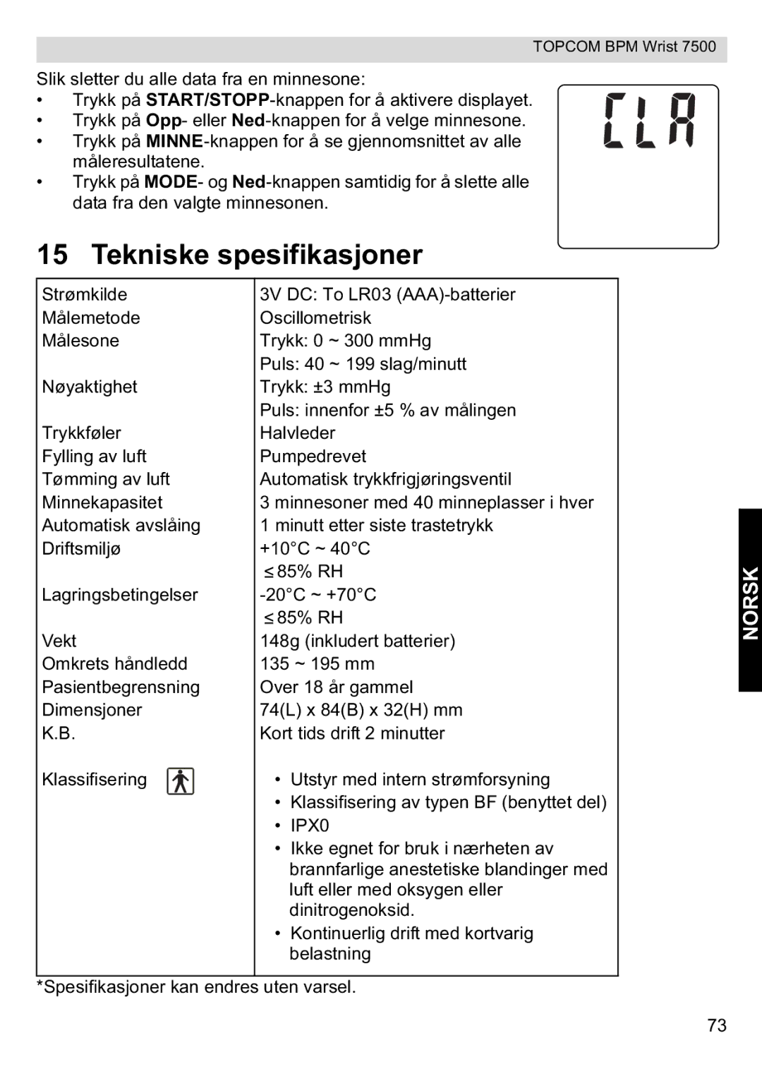 Topcom 7500 manual Tekniske spesifikasjoner 