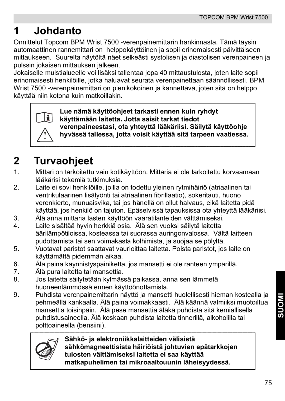 Topcom 7500 manual Johdanto, Turvaohjeet 