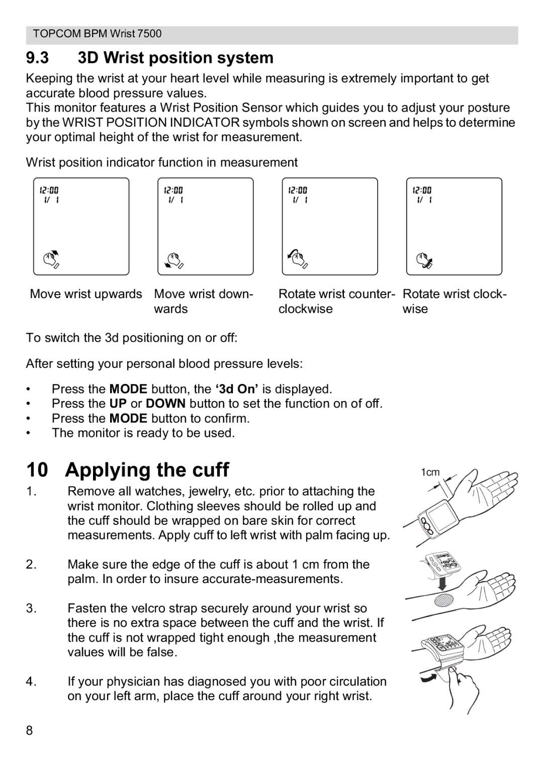 Topcom 7500 manual Applying the cuff, 3D Wrist position system 