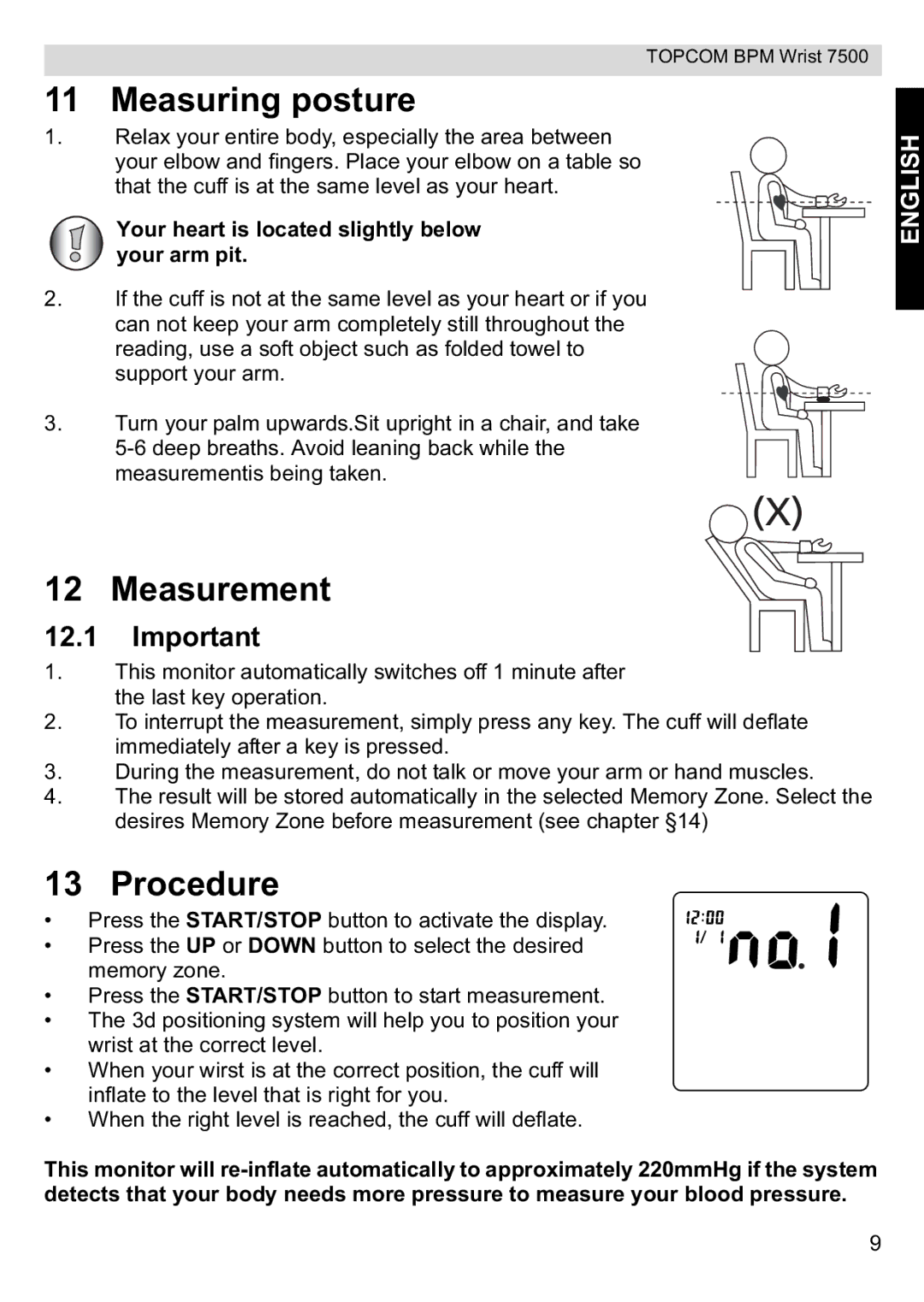 Topcom 7500 manual Measuring posture, Measurement, Procedure 