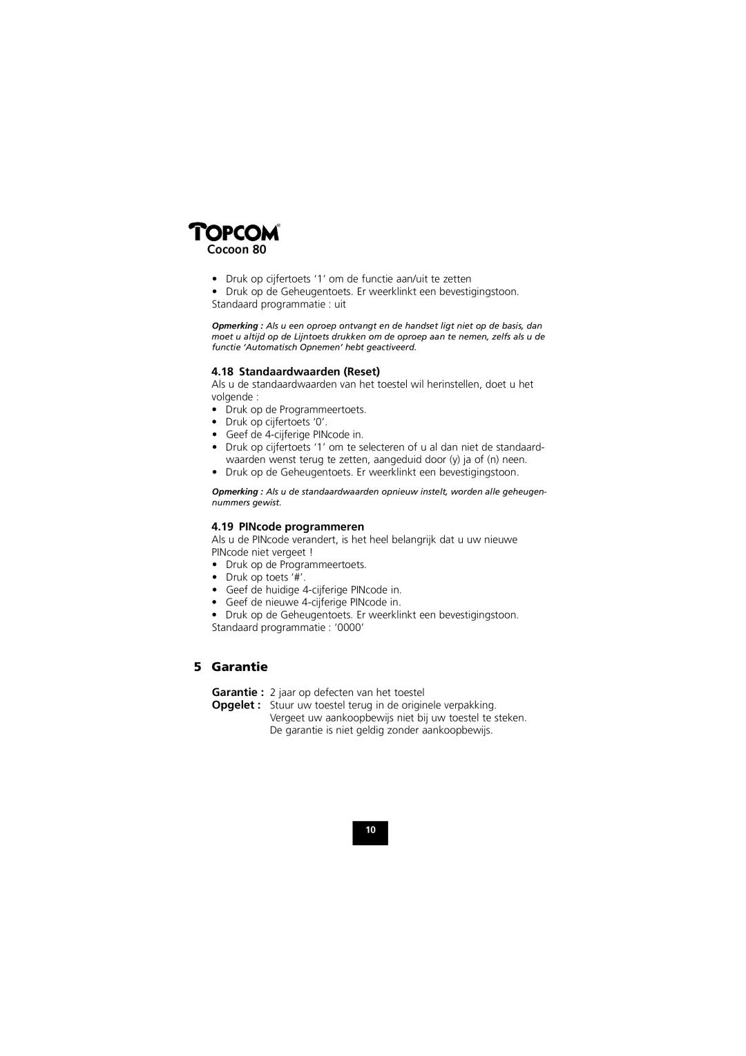 Topcom 80 manual Garantie, Standaardwaarden Reset, PINcode programmeren 