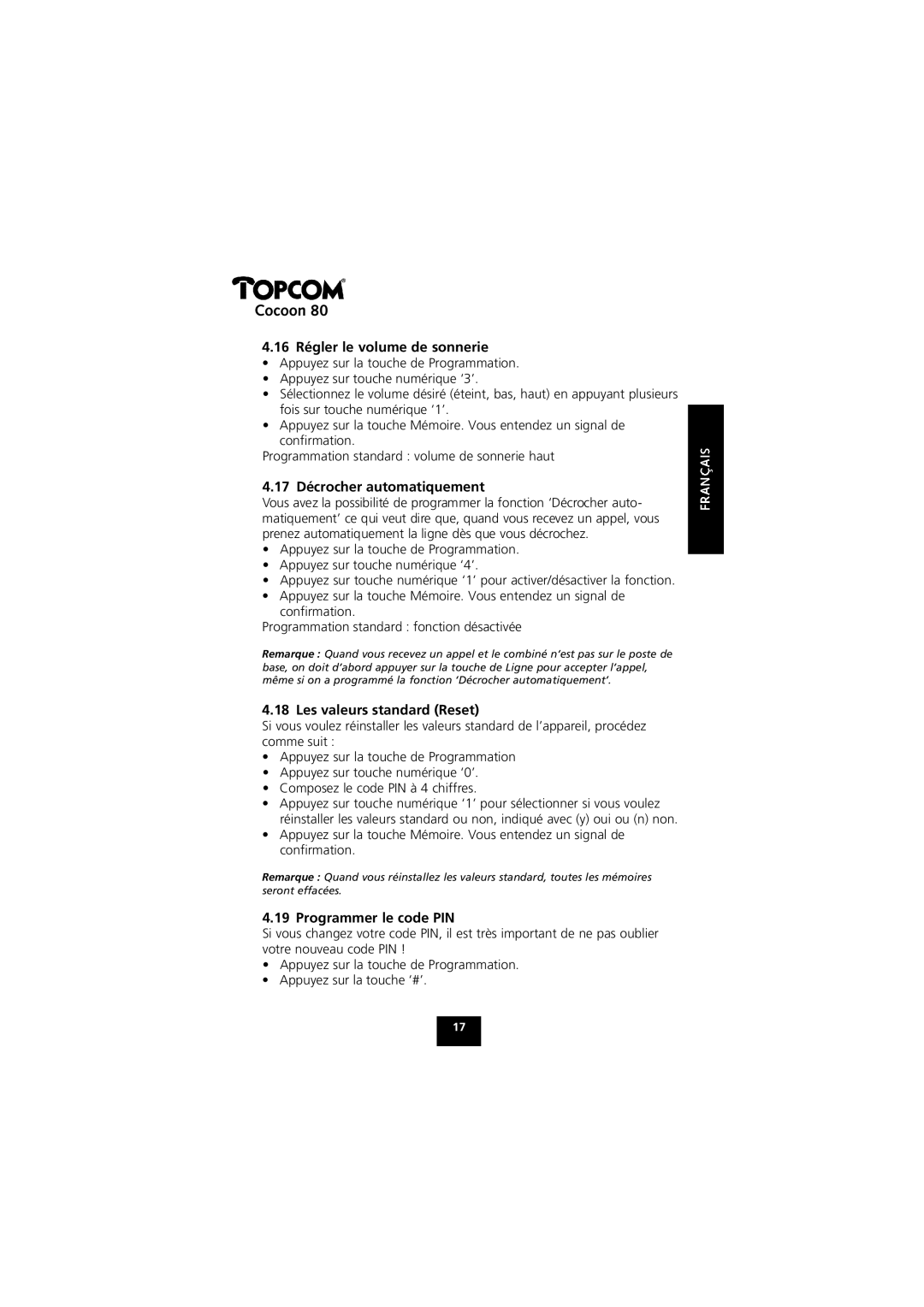 Topcom 80 manual 16 Régler le volume de sonnerie, 17 Décrocher automatiquement, Les valeurs standard Reset 