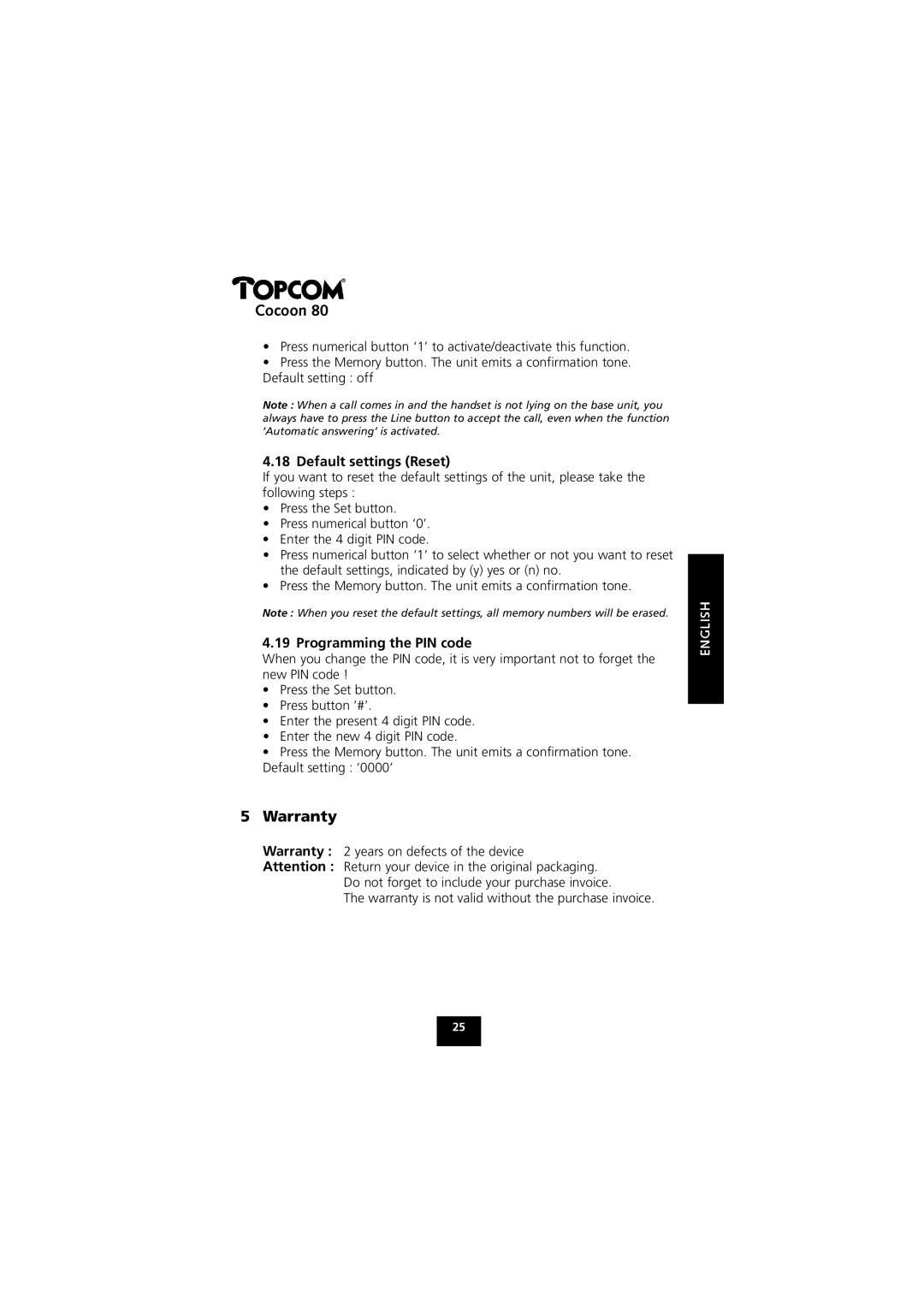 Topcom 80 manual Warranty, Default settings Reset, Programming the PIN code 