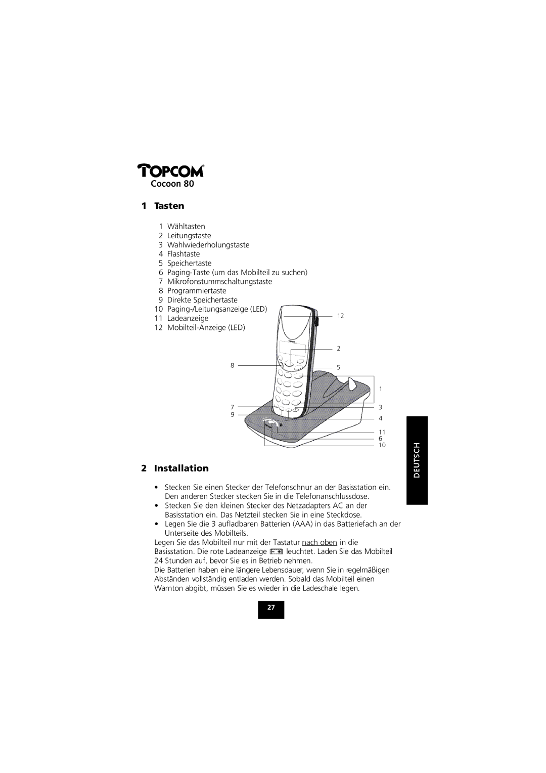 Topcom 80 manual Cocoon Tasten, Installation 