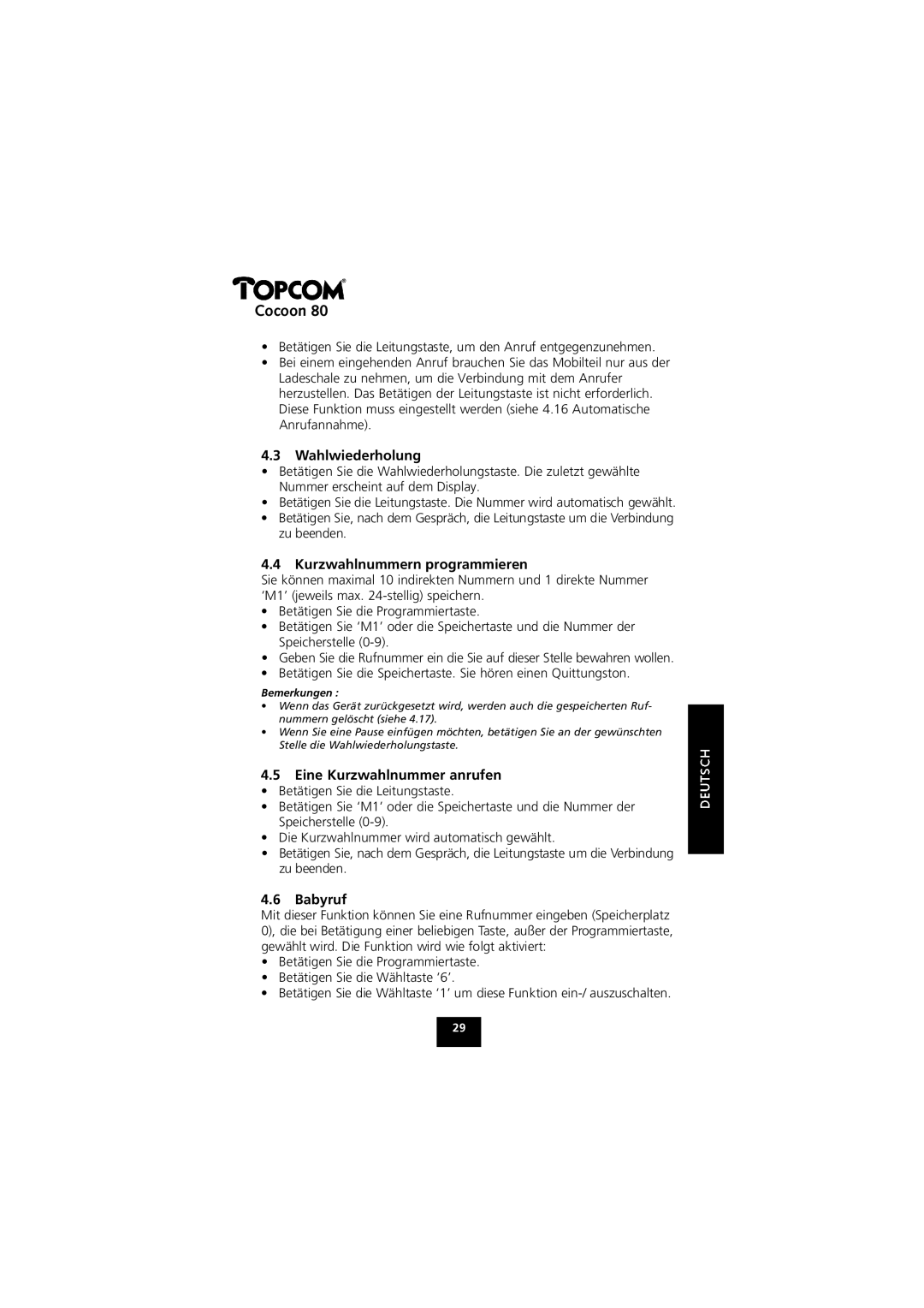 Topcom 80 manual Wahlwiederholung, Kurzwahlnummern programmieren, Eine Kurzwahlnummer anrufen, Babyruf 