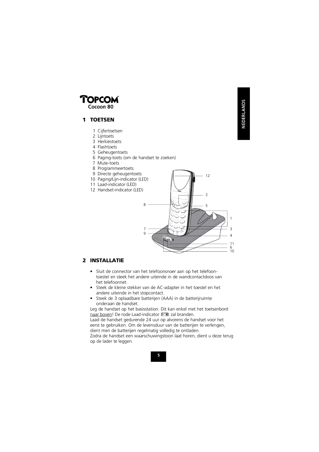 Topcom 80 manual Toetsen 