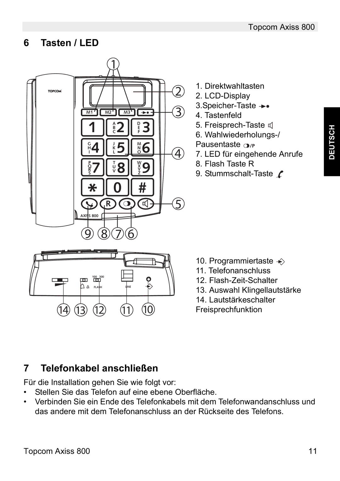 Topcom 800 manual do utilizador Tasten / LED, Telefonkabel anschließen 