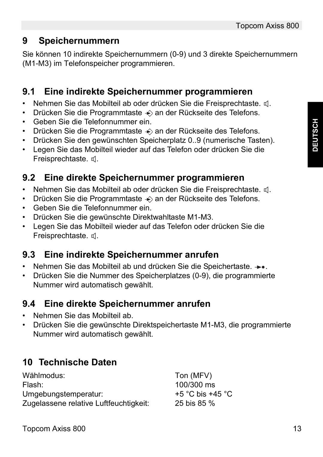 Topcom 800 Speichernummern, Eine indirekte Speichernummer programmieren, Eine direkte Speichernummer programmieren 