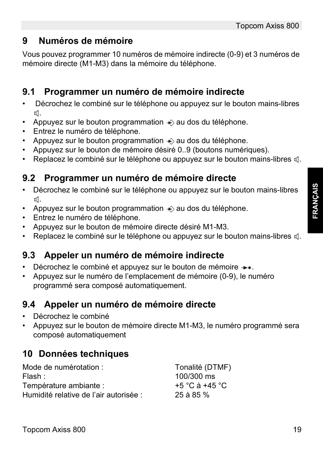 Topcom 800 Numéros de mémoire, Programmer un numéro de mémoire indirecte, Programmer un numéro de mémoire directe 