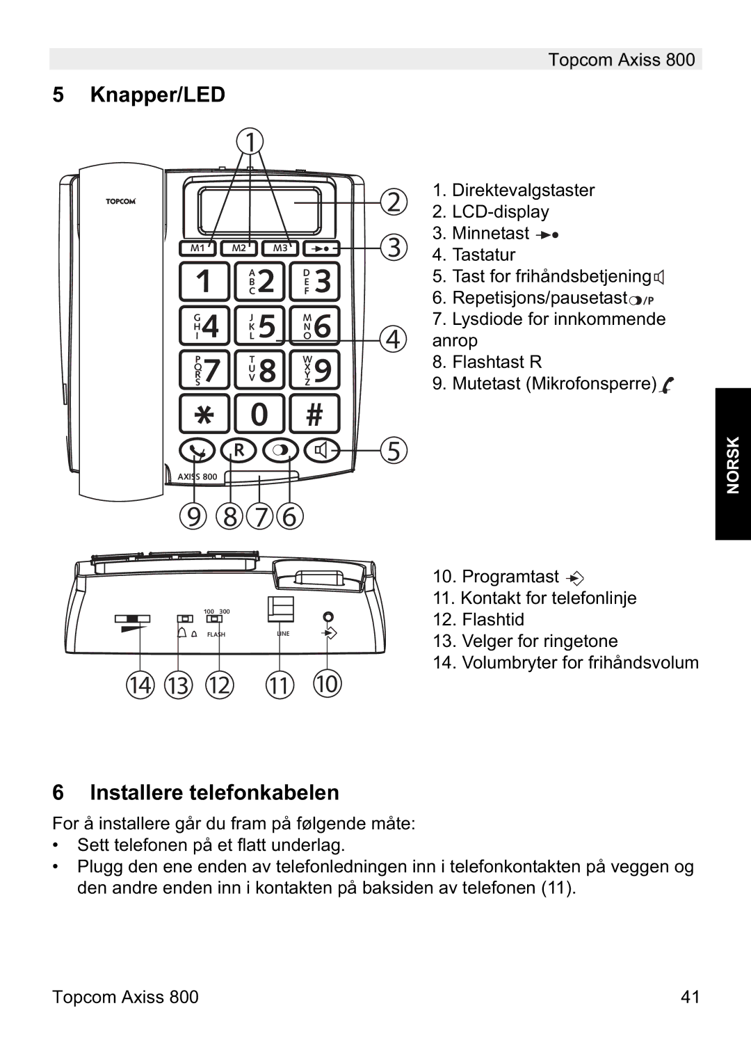 Topcom 800 manual do utilizador Knapper/LED, Installere telefonkabelen 