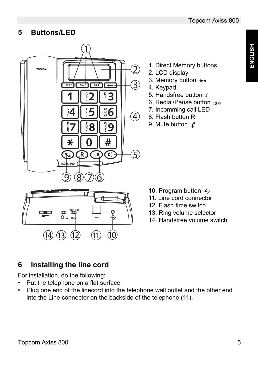 Topcom 800 manual do utilizador Buttons/LED, Installing the line cord 