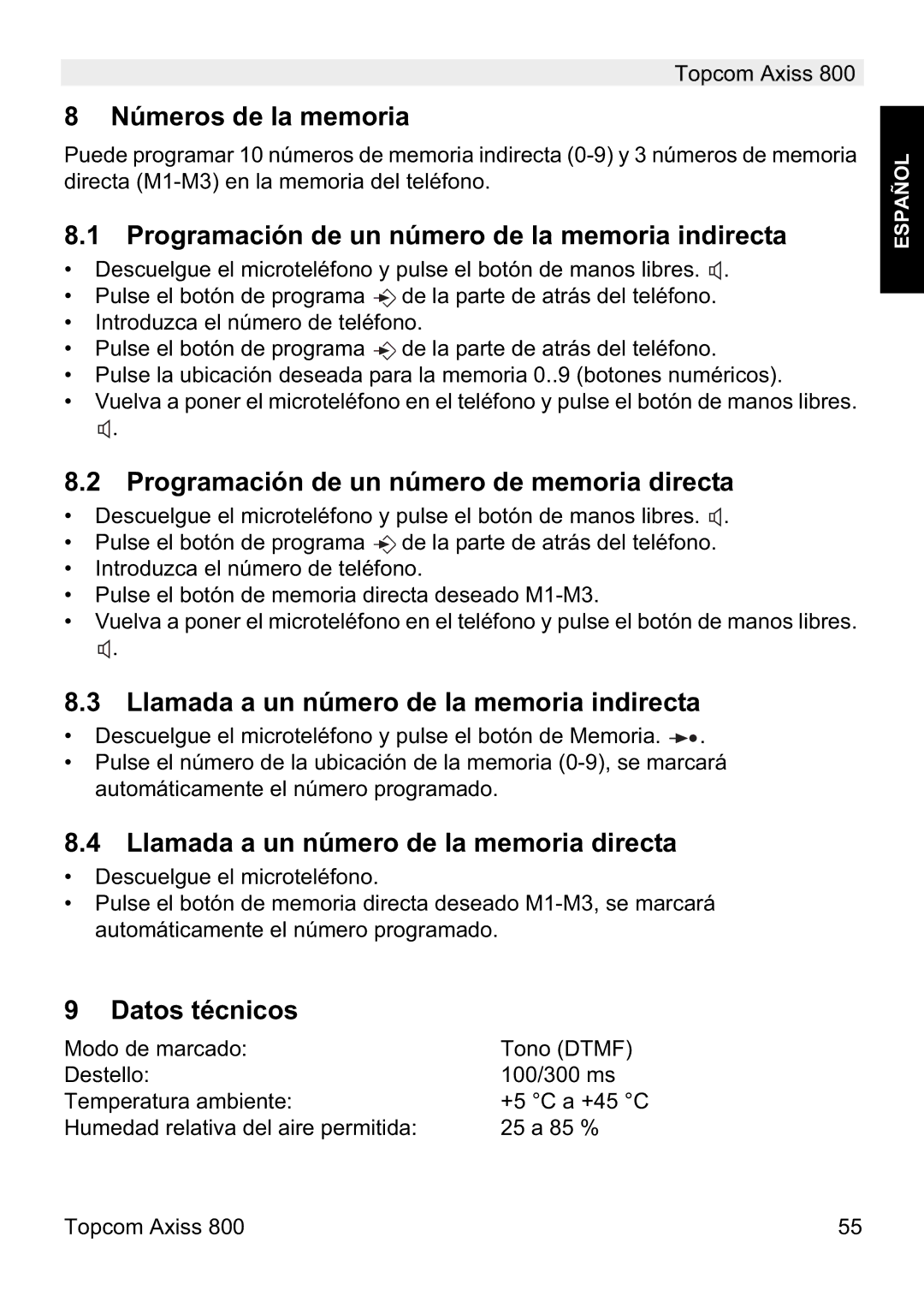 Topcom 800 manual do utilizador Números de la memoria, Programación de un número de la memoria indirecta, Datos técnicos 