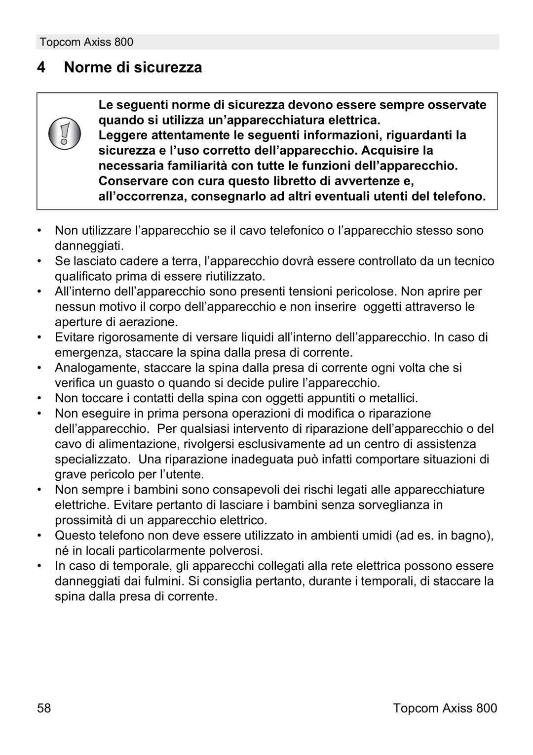 Topcom 800 manual do utilizador Norme di sicurezza 