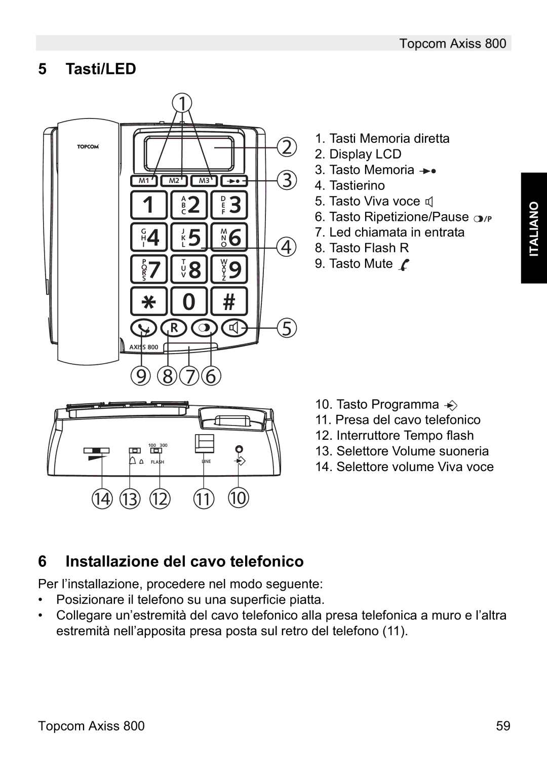 Topcom 800 manual do utilizador Tasti/LED, Installazione del cavo telefonico 