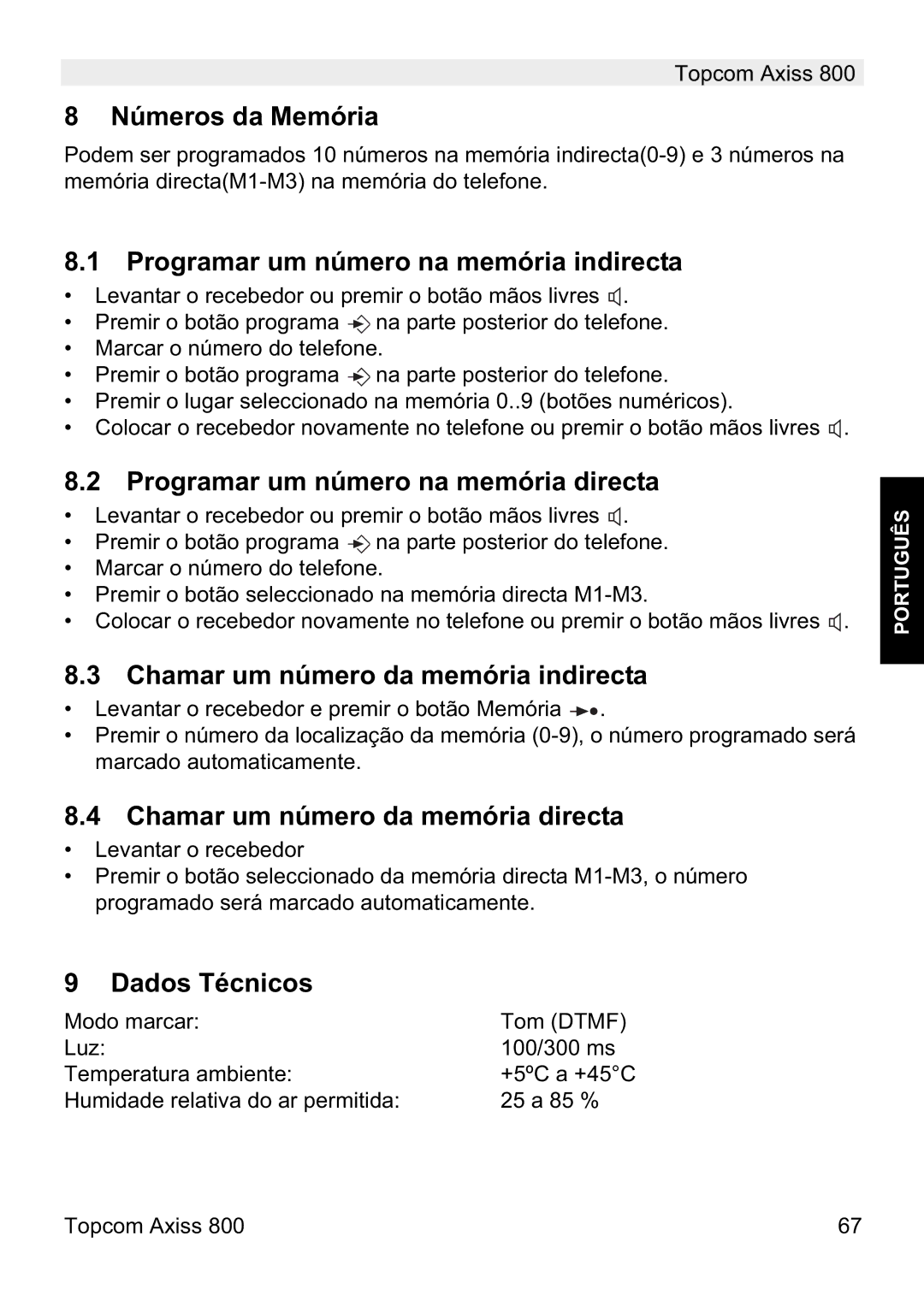 Topcom 800 Números da Memória, Programar um número na memória indirecta, Programar um número na memória directa 