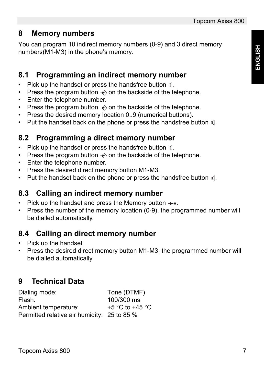 Topcom 800 Memory numbers, Programming an indirect memory number, Programming a direct memory number, Technical Data 