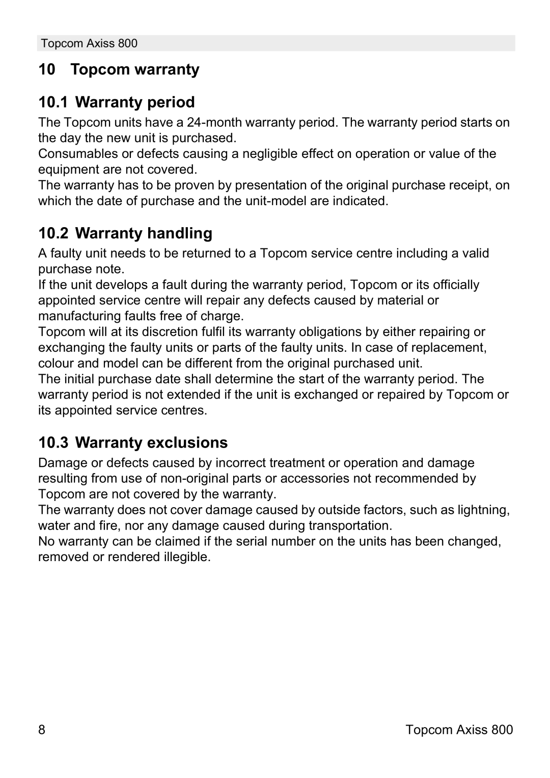 Topcom 800 manual do utilizador Topcom warranty Warranty period, Warranty handling, Warranty exclusions 