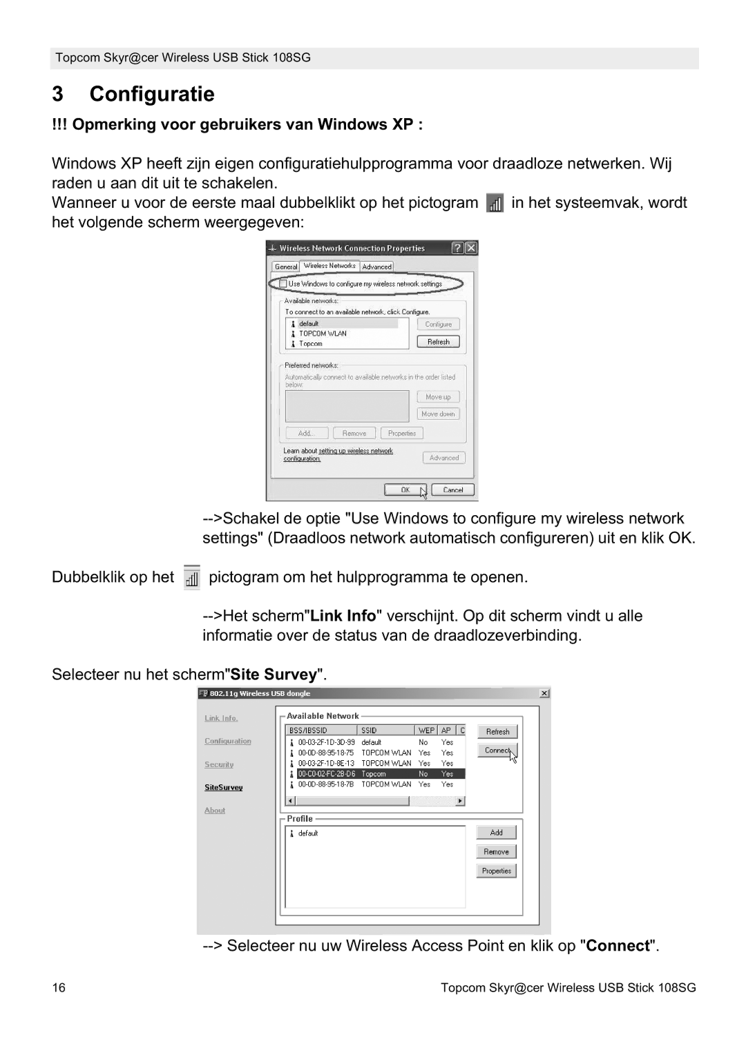 Topcom 8144827 manual do utilizador Configuratie, Opmerking voor gebruikers van Windows XP 