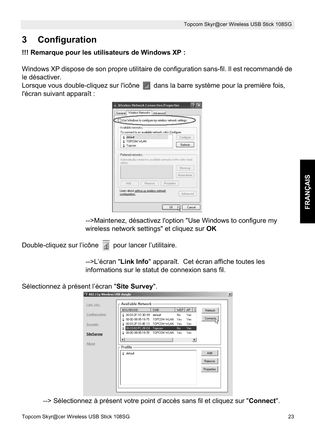 Topcom 8144827 manual do utilizador Configuration, Remarque pour les utilisateurs de Windows XP 