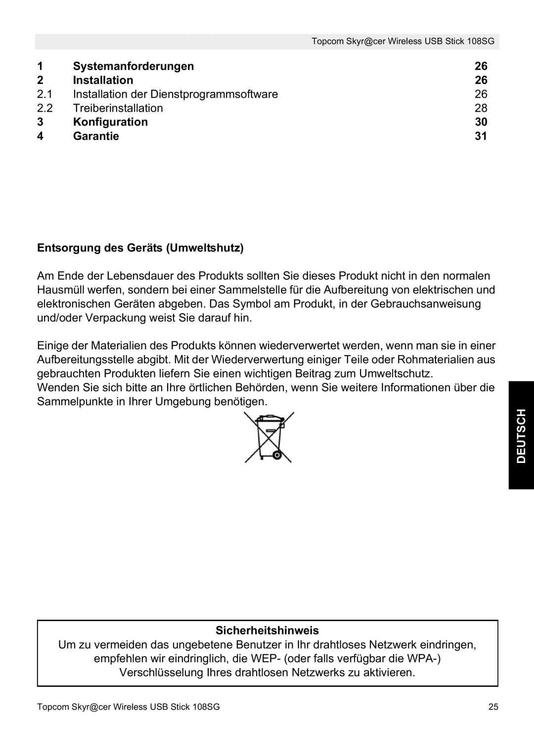 Topcom 8144827 manual do utilizador Deutsch, Sicherheitshinweis 