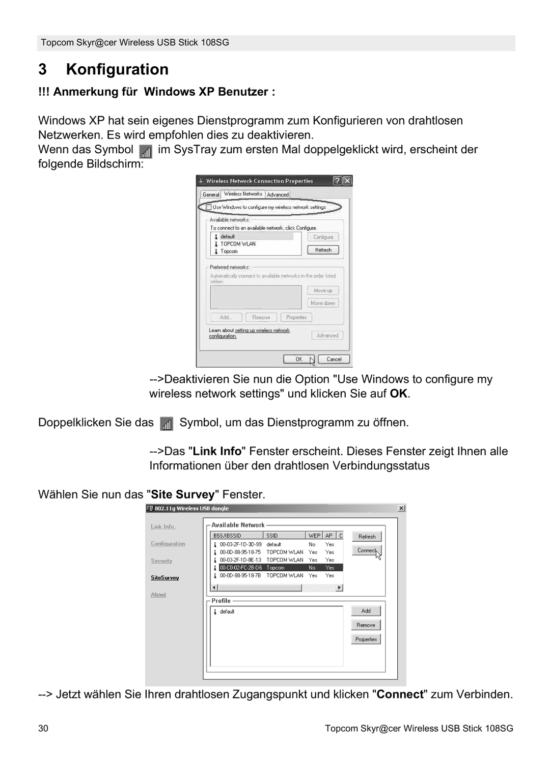 Topcom 8144827 manual do utilizador Konfiguration, Anmerkung für Windows XP Benutzer 