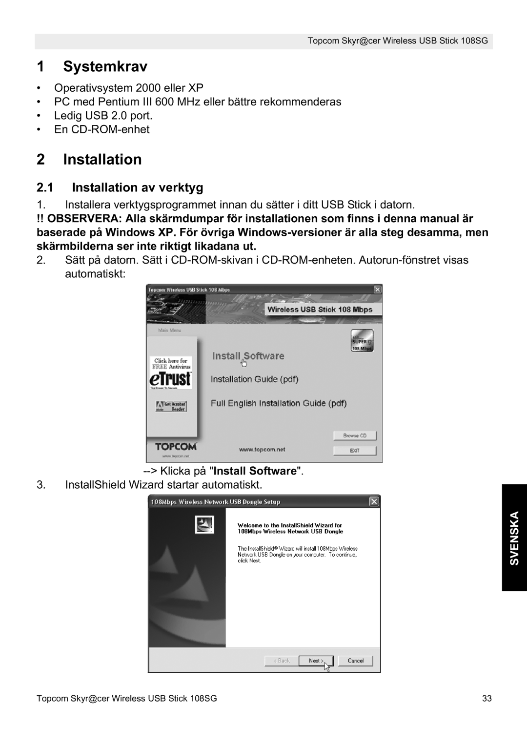 Topcom 8144827 manual do utilizador Systemkrav, Installation av verktyg, Svenska 