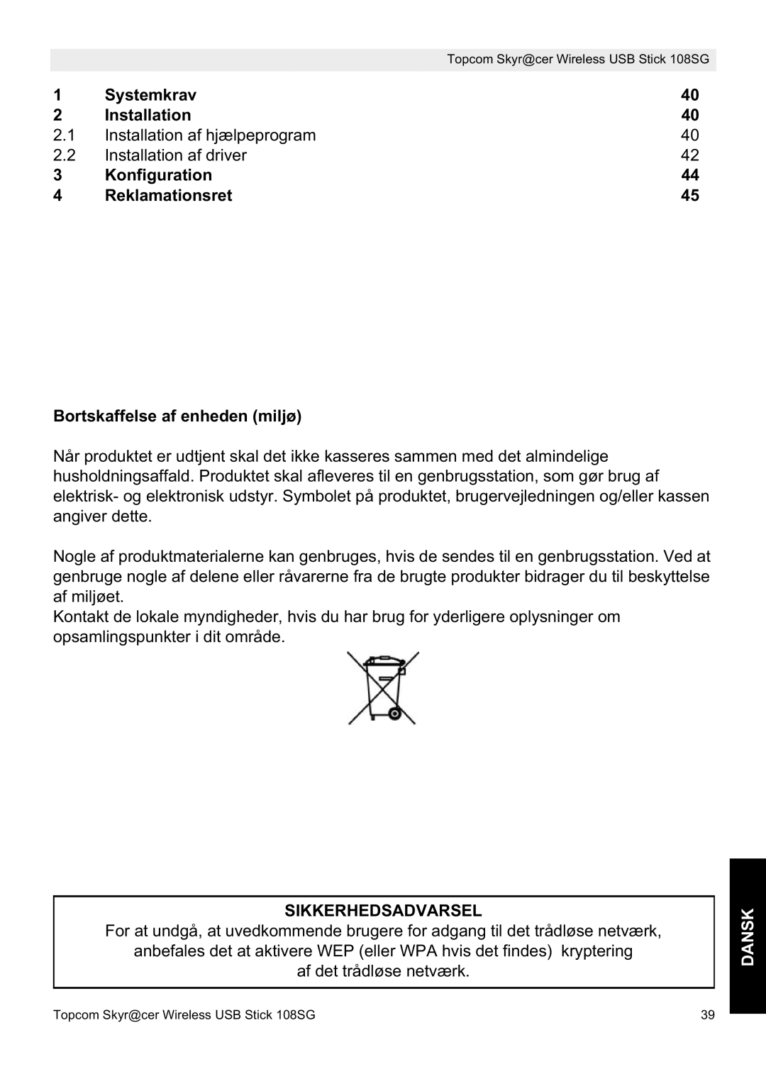 Topcom 8144827 manual do utilizador Sikkerhedsadvarsel, Dansk 