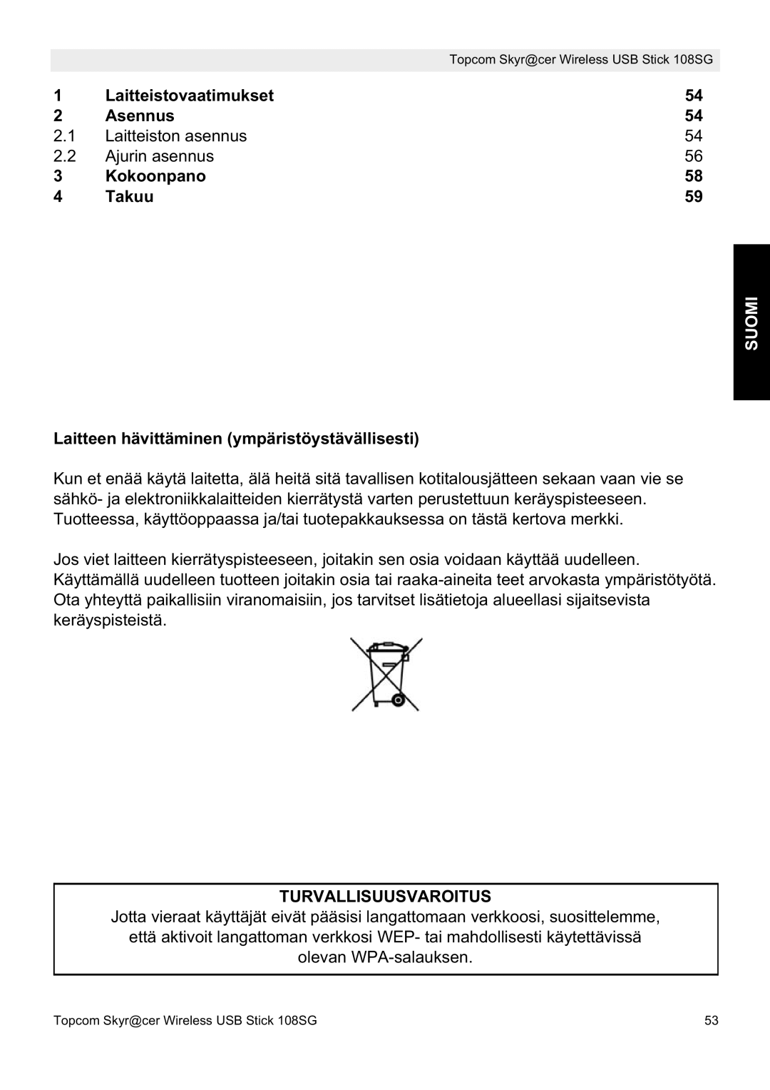 Topcom 8144827 manual do utilizador Suomi, Laitteen hävittäminen ympäristöystävällisesti 