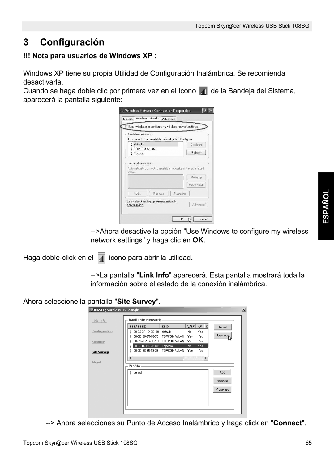 Topcom 8144827 manual do utilizador Configuración, Nota para usuarios de Windows XP 