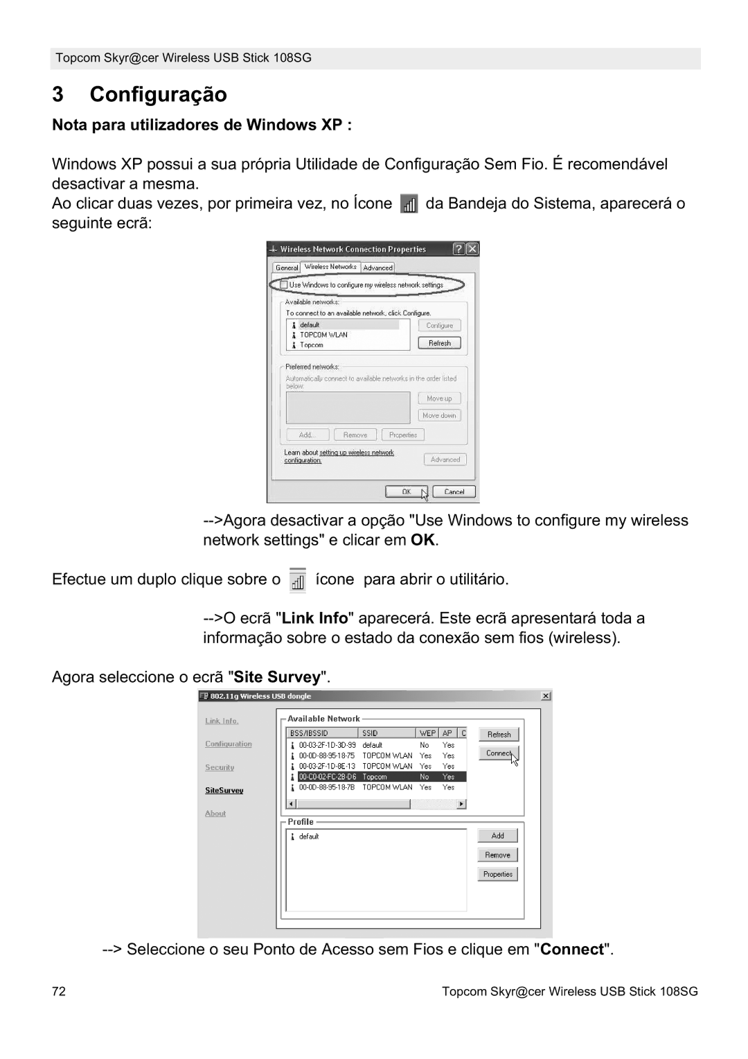 Topcom 8144827 manual do utilizador Configuração, Nota para utilizadores de Windows XP 