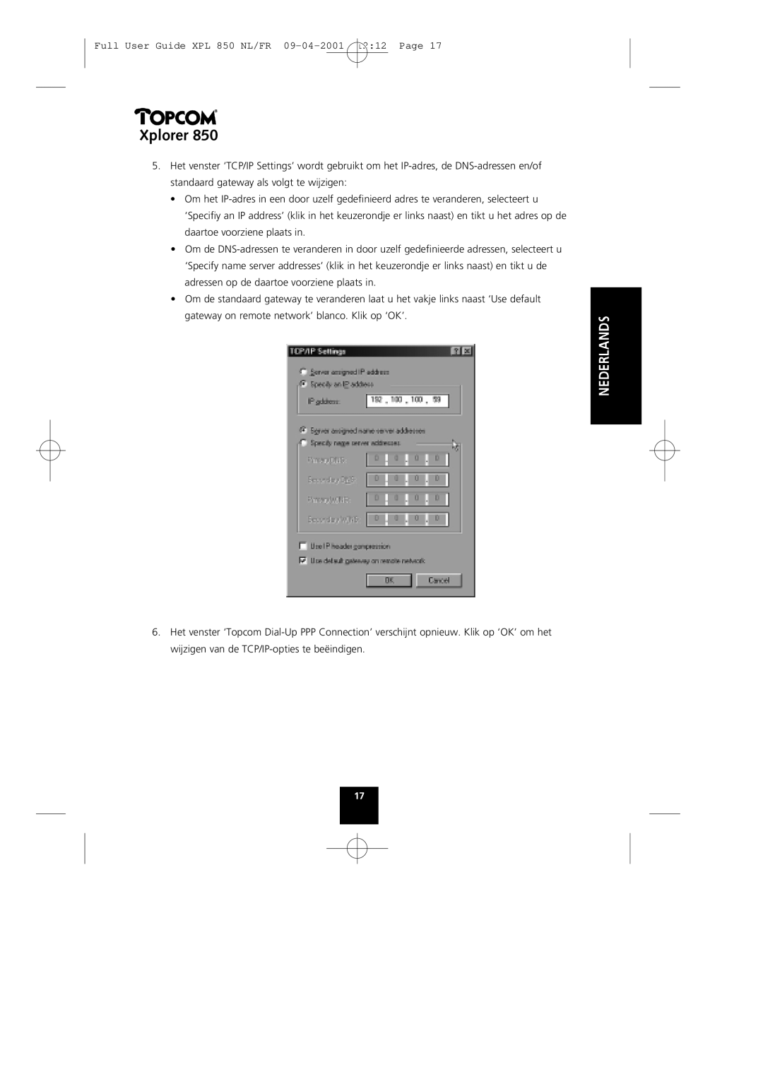 Topcom manual Full User Guide XPL 850 NL/FR 09-04-2001 1212 