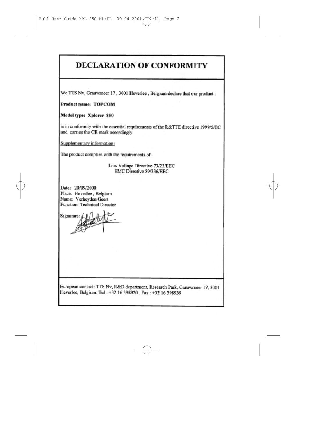 Topcom manual Full User Guide XPL 850 NL/FR 09-04-2001 1211 