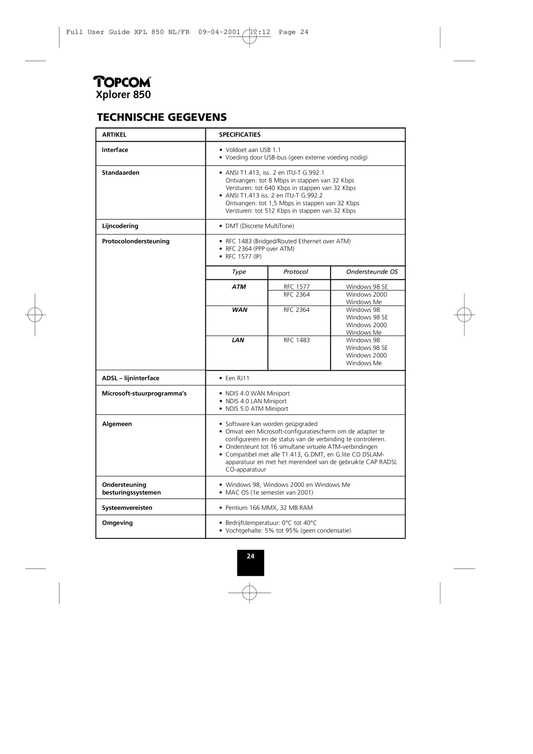 Topcom 850 manual Technische Gegevens, Artikel Specificaties 