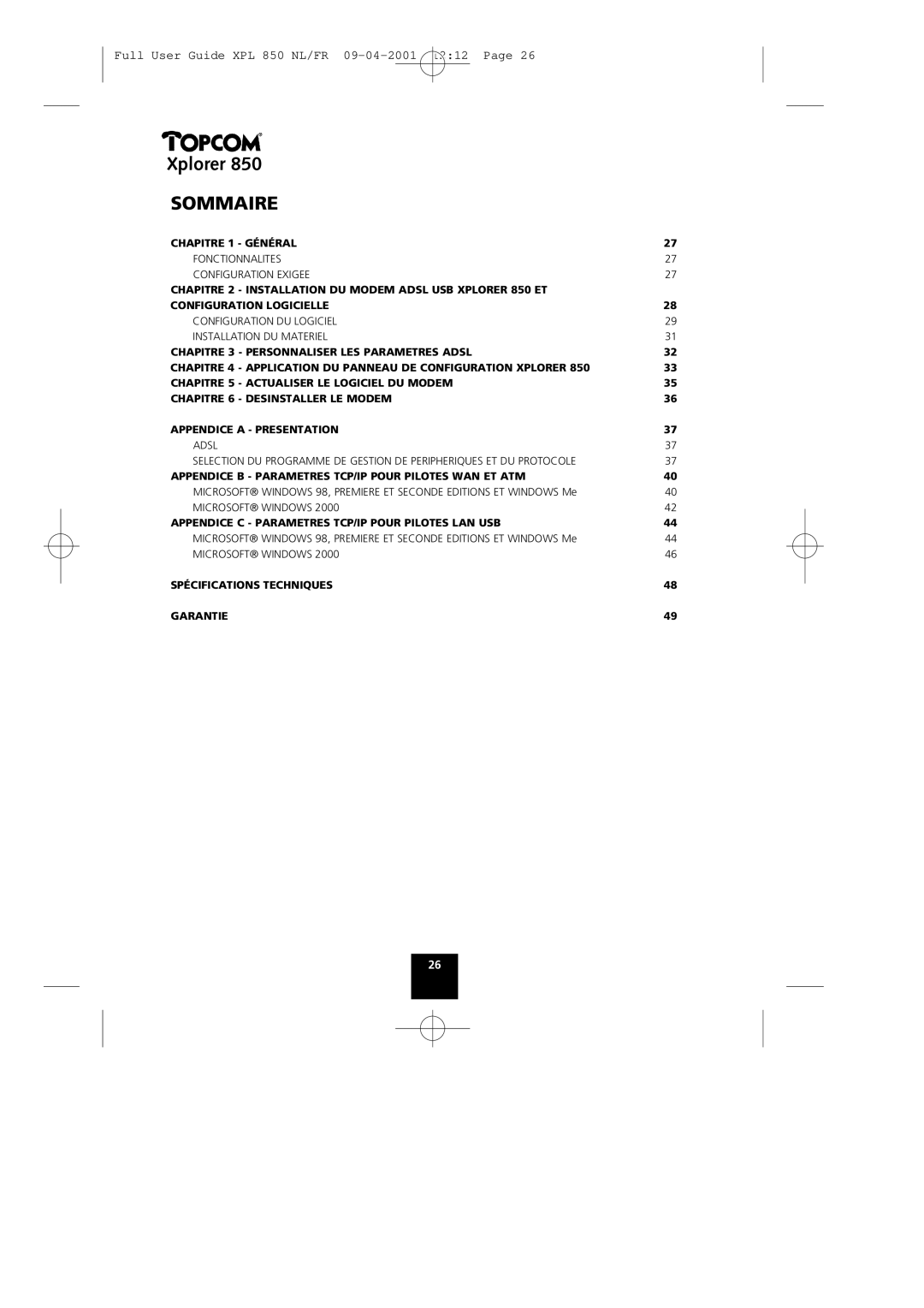 Topcom 850 manual Sommaire 