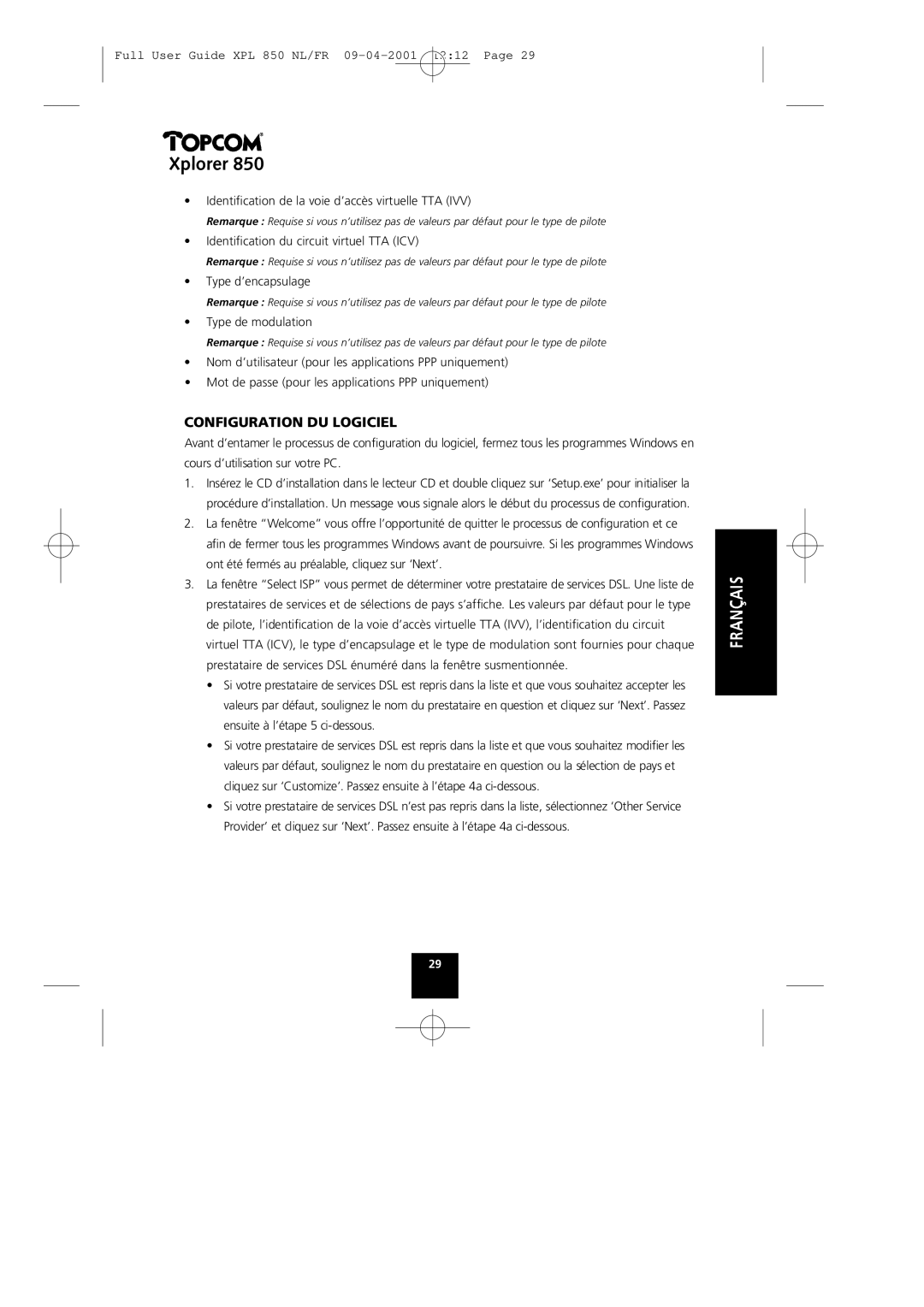 Topcom 850 manual Configuration DU Logiciel 