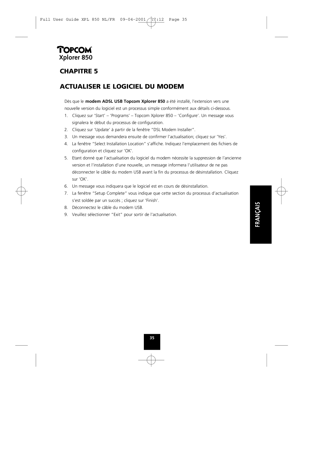 Topcom 850 manual Chapitre Actualiser LE Logiciel DU Modem 