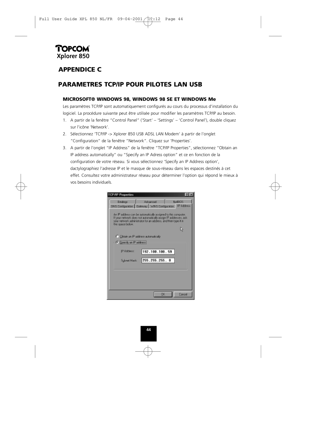 Topcom 850 manual Appendice C Parametres TCP/IP Pour Pilotes LAN USB 