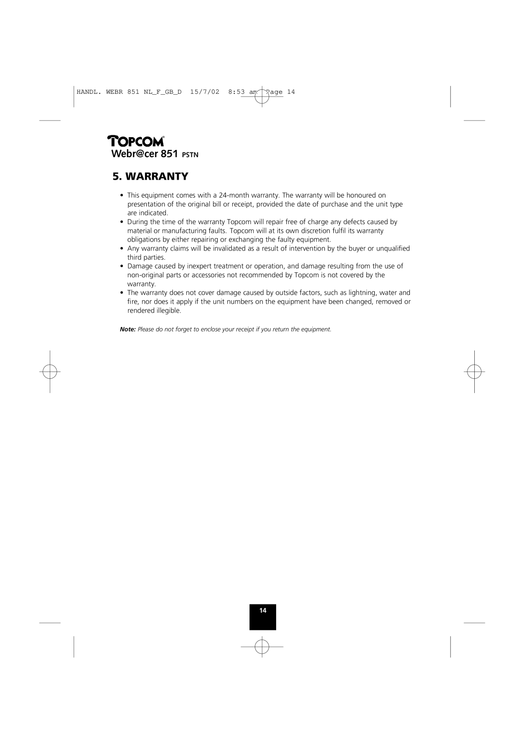 Topcom 851 PSTN manual Warranty 