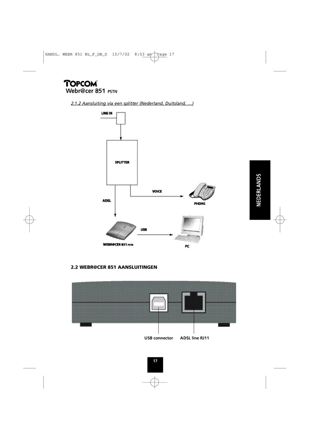 Topcom 851 PSTN manual WEBR@CER 851 Aansluitingen, Aansluiting via een splitter Nederland, Duitsland, … 